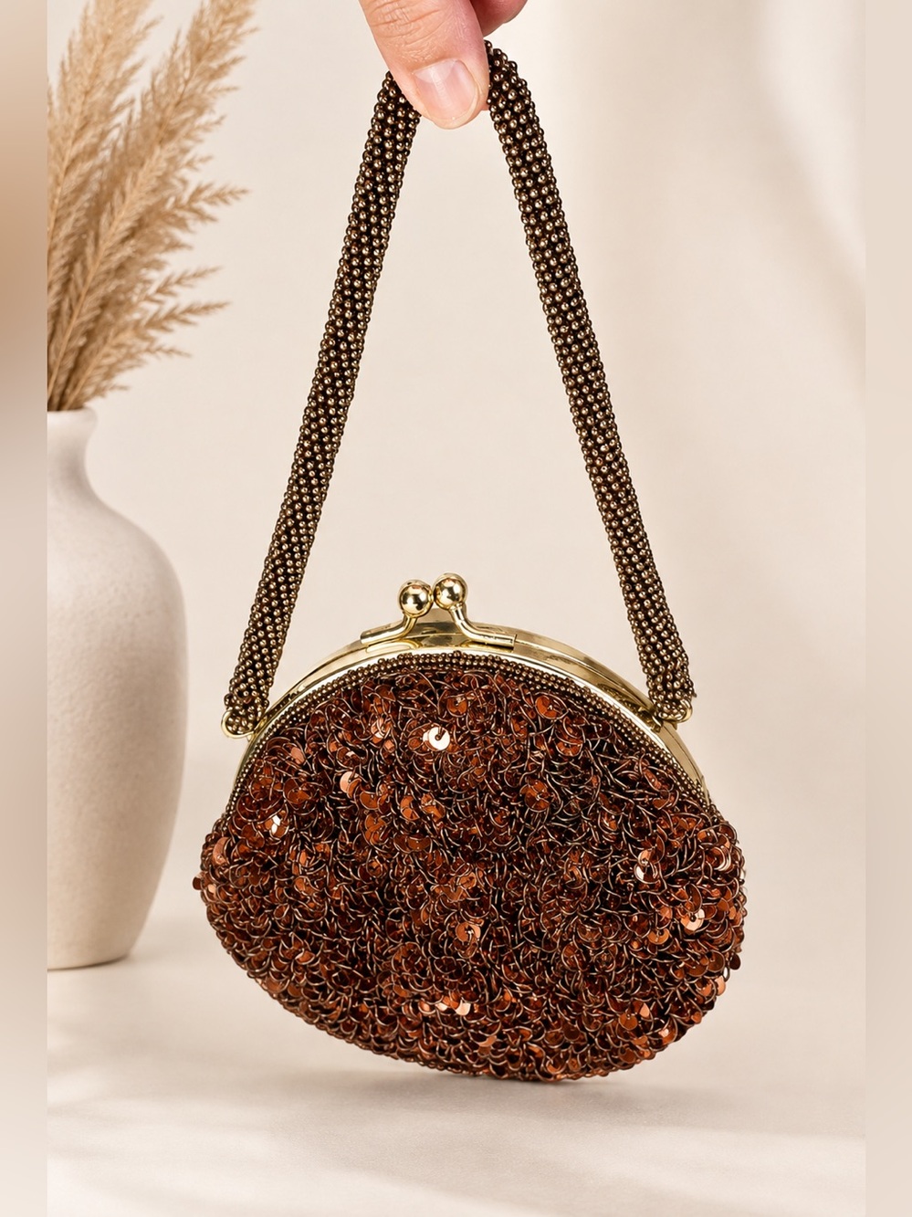 Vintage Cache Chocolate Drop Sequin Purse with Beaded Handle